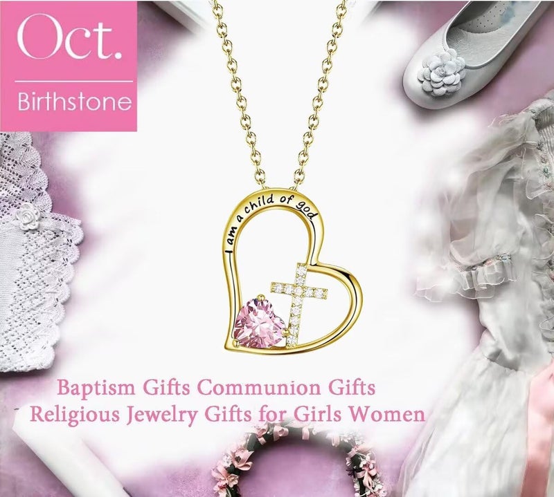 BAOWING Store I Am a Child of God Heart Cross Birthstone Necklace for Girls Baptism Gifts First Communion Gifts Easter Birthday Christmas Gifts Jewelry for Goddaughter Godchild Teens Girls Women - Image 4